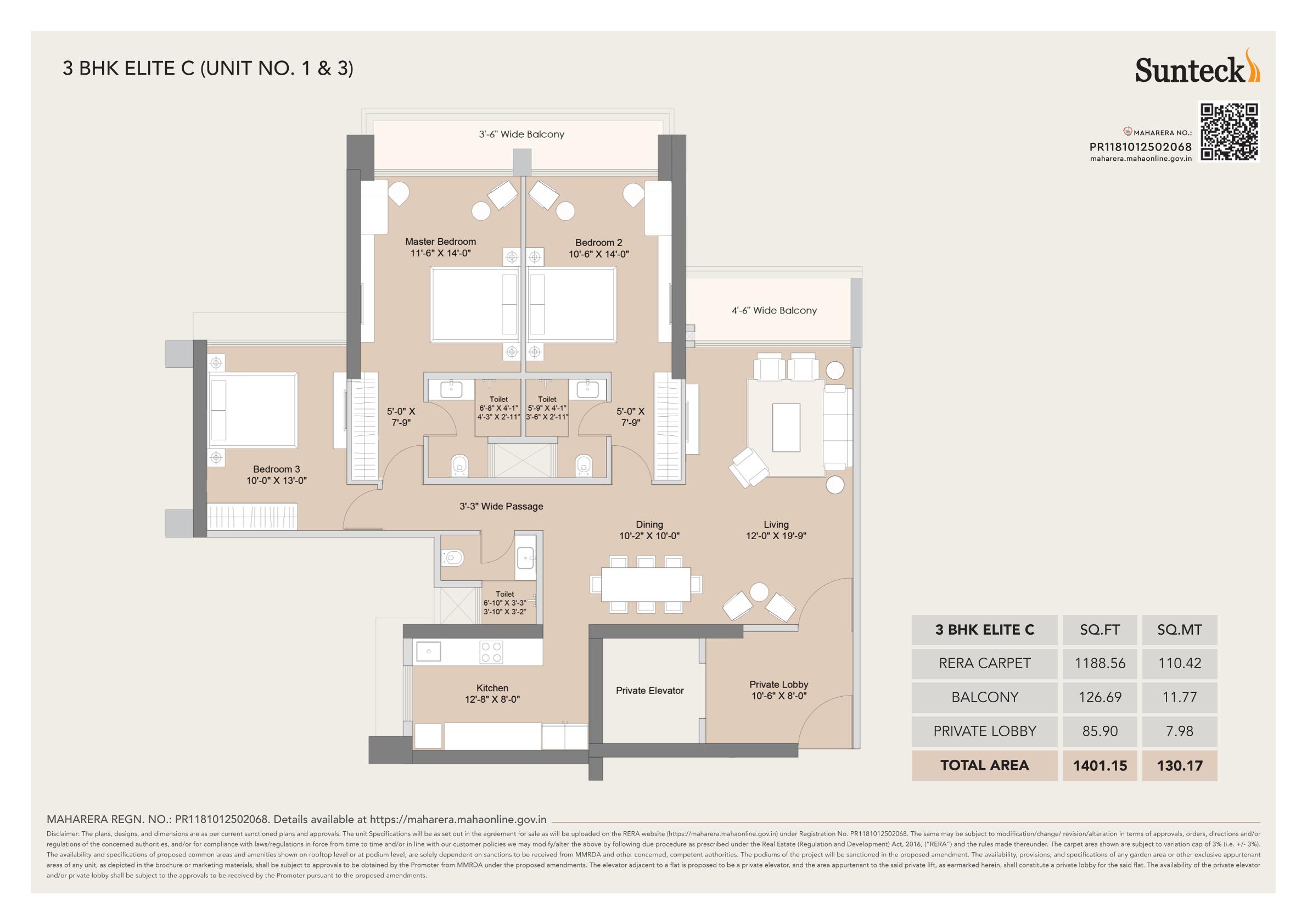 3 BHK Floor Plan - 1401 sq ft